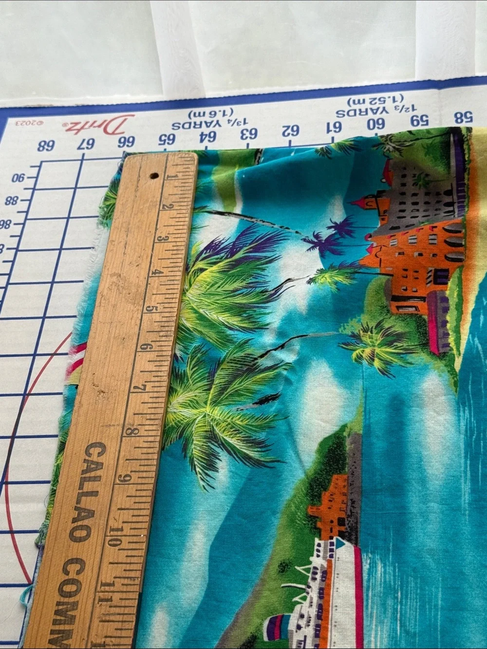 Vintage Tropical Island Scenic Fabric 1¾ Yards Palm Trees Sailboats Caribbean